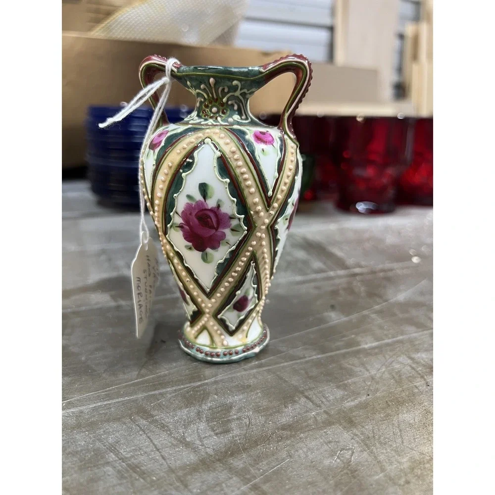 Antique Hand Painted Nippon Moriage Two Handle Rose Vase 4.7
